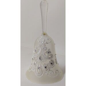 Elegant Frosted Glass Bell Ornament with White Lace & Rhinestone Accents